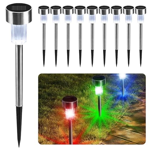 Image of CUQOO Solar Garden Stake Lights – 10 Pack Colour-Changing LED, Weatherproof Stainless Steel Solar Lights for Outdoor Pathway Lighting – Rechargeable with Automatic Night Activation [Energy Class A+]