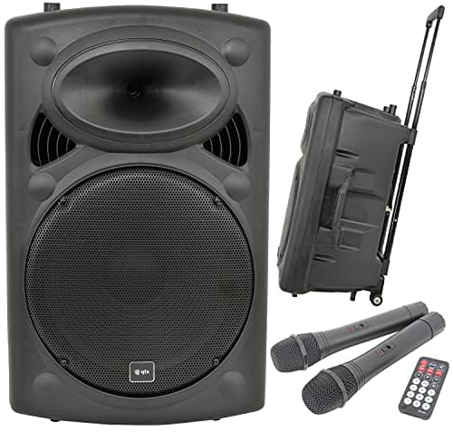Image of QTX | QR15BT PA: Powerful Portable PA with Bluetooth Connectivity, Two Wireless Mics, Internal Rechargeable Battery, Trolley Handle and Wheels