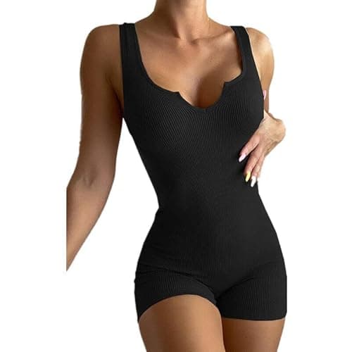 Image of Boolavard Womens Sexy Ribbed Sleeveless Bodysuit Stretch Leotard Shorts Romper Jumpsuit (L, Black)