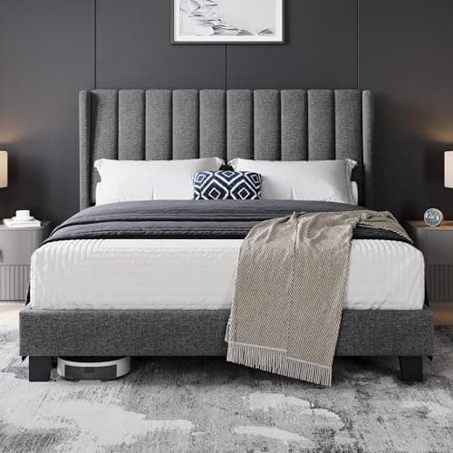 Image of Yaheetech King Bed Frame, Upholstered Platform Bed with Channel Tufted Headboard & Wing Side, Wood Slat Support, Mattress Foundation, No Box Spring Needed, Noise-free, 5ft King Bed Dark Grey