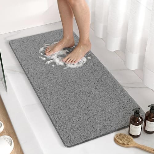 Image of HITSLAM Bath Mat Non Slip Anti Mould, 88 x 40 cm Long Soft PVC Loofah Shower Mat for Inside Shower, Bathtub Mat without Suction Cups, Quick Drying Bath Tub Mat for Bathroom, Easy to Clean, Grey