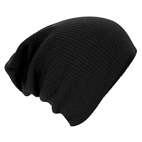 Image of Beechfield - Black Slouch Beenie Hat - Unisex Winter Hat, Classic Knit and One Size Beenie Hat - B461 - Double Layer - 100% Soft Acrylic
