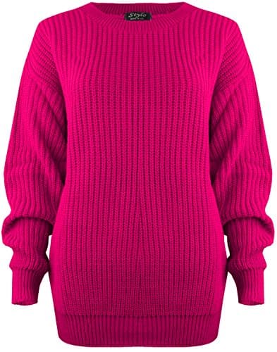 Image of SA Fashions® Oversized New Ladies Womens Chunky Baggy Jumper Knitted Sweater Thick Top S-XL 8-18 (S/M (8-10), Hot Pink)