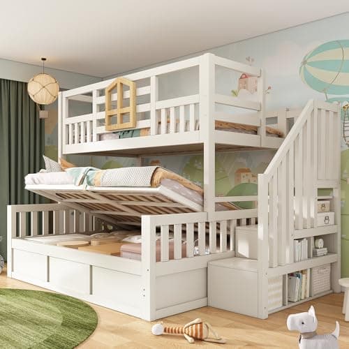 Image of SURUEO Bunk Beds for Kids, Staircase Bunk with Hydraulic Storage, Children's Bed with Storage Cube, Double Bunk Bed for Family with Multiple Children, (90+135) x 190 cm, Solid Wood, White