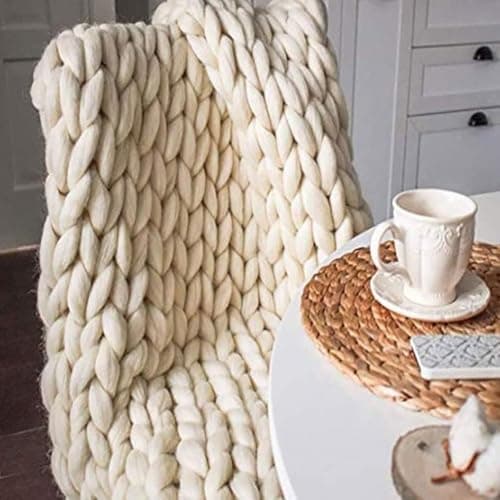 Image of GDJGNUDK Chunky Knit Blanket, Throw Soft Chunky Wool Yarn Knitted Throw Blanket Hand Knit Warm & Cozy Blanket Couch Bed home Decor Soft Breathable Throw(Beige,60 * 60cm)
