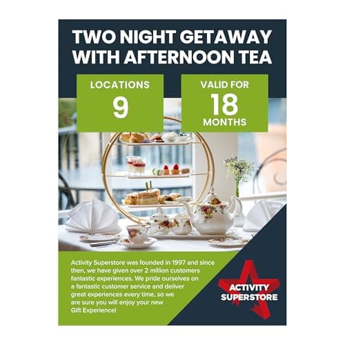 Image of Activity Superstore Two-Night Getaway with Afternoon Tea Gift Experience Voucher, Available at 9 UK Locations, 18-month Validity, Experience Days, Hotel Stay, Couples Gifts