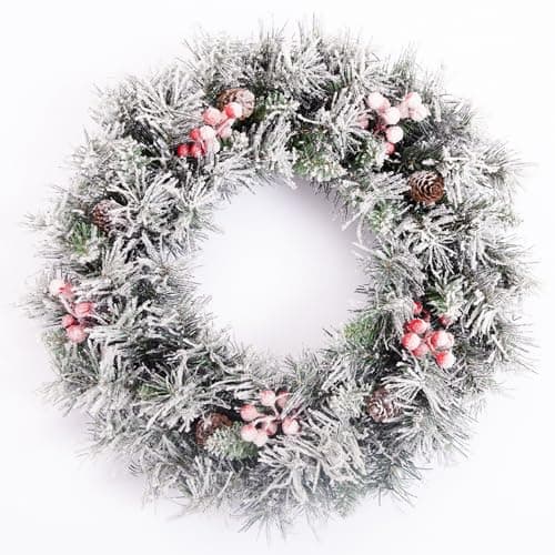 Image of EVRE Snowy Christmas Wreath with Pine Cones & Red Berries | Artificial Winter Wreath for Front Door, Wall or Table Centrepiece | Indoor Outdoor Xmas Decoration(50cm/20in).