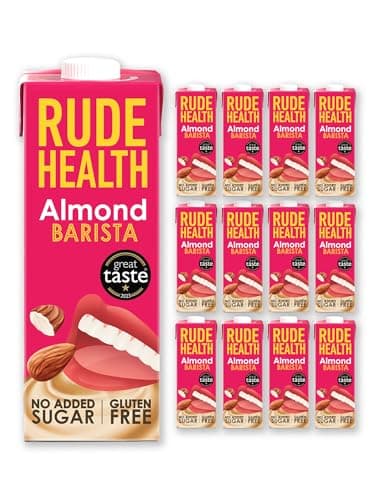 Image of Rude Health 12 x 1 Litre Almond Barista Drink, Dairy Free, 100% Natural Drink, No Added Sugar, Healthy & Vegan Milk, Lactose Free Milk, No Additives, Gluten Free, Recyclable Packaging