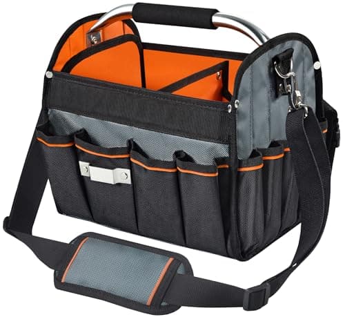 Image of Electrician Tool Tote Bag with Handle, 34 Pockets Open Top Foldable Tool Bags with Detachable Divider, Water Resistant 1680D Thick Fabric, Black and Orange