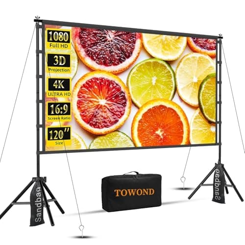 Image of TOWOND 120 Inch Projector Screen with Stand, Foldable Portable 16:9 HD Outdoor Projector Screen for Home Cinema and Garden, Front and Rear Projection, Washable Wrinkle-Free Polyester with Carry Bag