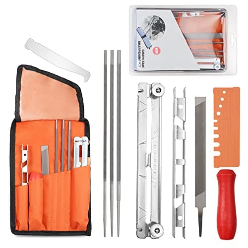 Image of OFFCUP Chainsaw Sharpener File Kit, 5/32, 3/16, and 7/32 Round Files, 6 Inch Flat File, Wood Handle, Groove Cleaner, Angle Ruler, Filing Guide, and Tool Pouch for Sharpening Chain Saw Blades (10pcs)
