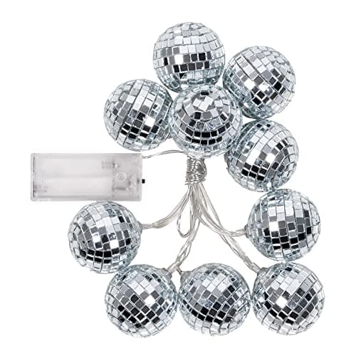 Image of Boland 00768 LED Disco Ball String Lights, Length 140 cm, Battery Operated, Disco Fever, 70s Decoration, 1970s, Party Decoration, Disco Themed Party Decor (Silver)