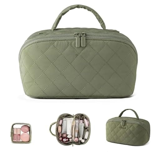 Image of 2 Set Travel Makeup Bag for Women, Open Flat Lay Makeup Bag with Compartments,180° Lay Flat Large Make Up Bags, Puffy Pouches with Handle, for Organize Toiletries and Brushes (Green)
