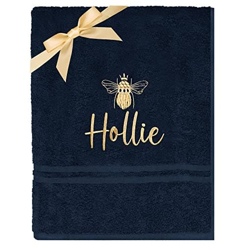 Image of TeddyT's Personalised Gold Bee Embroidered Towel (Bath Towel, Navy)