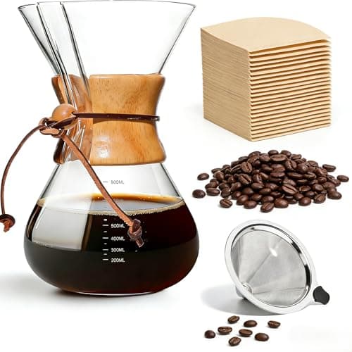 Image of Pour Over Coffee Maker with Double Wall Stainless Steel Filter, 27oz Glass Carafe & Cork Grip - 8 Cup Drip Coffee Maker for Home, Camping and Hiking - Reusable & High Heat Resistant