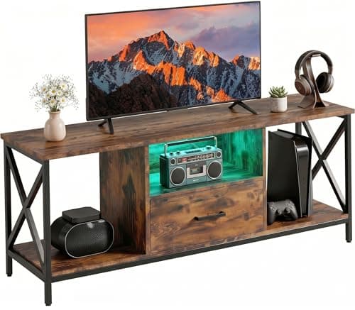 Image of Blisswood TV Unit, 140cm Large LED TV Stand with RGB Lights, Rustic Wooden Media Console for 55–65 Inch TVs, Industrial Entertainment Centre with Drawer & Open Shelf, Metal Frame Living Room Furniture