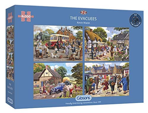 Image of Gibsons The Evacuees 4 x 500 Piece Jigsaw Puzzle Set – Nostalgic WW2 Countryside Scenes by Kevin Walsh – Multi-Box Puzzle Collection for Adults – Sustainable Premium Quality Gift