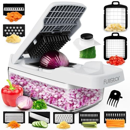 Image of Fullstar Vegetable Chopper & Mandoline Slicer - Julienne Cutter Dicer Grater for Food Veg Onion Cucumber Tomato Salad Potato Cheese - Kitchen Gadgets & Accessories (Standard 7-in-1, White)