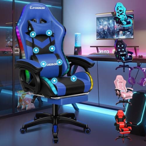 Image of ELFORDSON LED Gaming Chair with 8-Point Massage, Office Chairs with Head Pillow Lumbar Support, Ergonomic Desk Chair with Armrests Footrest, PU Leather, Blue and Black