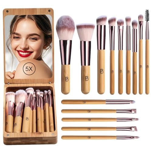 Image of BS-MALL Travel Makeup Brush Set Bamboo Brushes Foundation Powder Concealers Eye Shadows Makeup Set with Mirror Case 14 Pcs