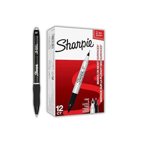 Image of Sharpie Permanent Markers Twin Tip, Fine and Ultra Fine Points, Black, Pack of 12 plus 1 Bonus S-Gel Black Ink Pen, Medium Point (0.7mm) - No Smear, No Bleed Technology