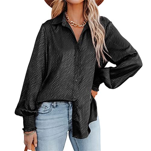 Image of OULIWANGLUO Female Lantern Sleeve Zebra Lapel Shirt Dress-Up Zebra Print Satin Button Down Shirt Puff Sleeve V Neck Zebra Stripe Fashion Shirt (Black,XXL)