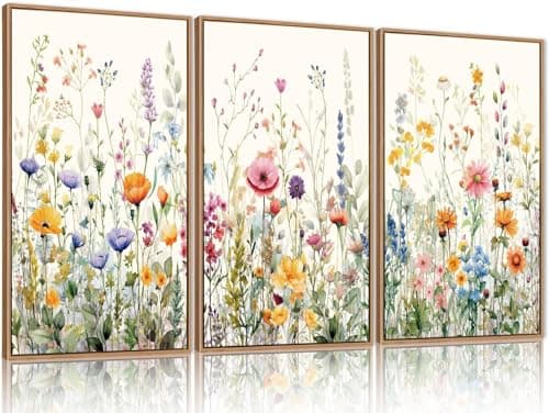 Image of CHIDTB 3Pcs Wildflower Pictures Wall Decor,Floral Canvas Wall Art Set,Framed Watercolor Flower Painting, Colorful Botanical Artwork, Modern Flower Poster for Living Room Bedroom Offce(40x60cm)