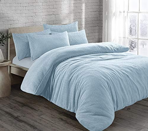 Image of HOMES-LINEN Teddy Bear Fleece Thermal Warm Cosy Soft Fur Duvet Cover Set With Pillow Cases (Blue, Single)