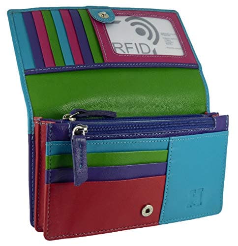 Image of Womens Leather Flapover Matinee Organiser Purse RFID Protection 10 Cards, Notes and Coins (Turquoise/Purple Multi)