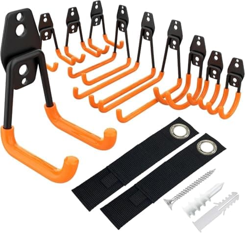 Image of Kitmiido Steel Garage Storage Hooks - 12 Pack Anti-Slip Coating, Heavy Duty Wall Mount Hooks for Hanging Bike, Ladder, Garden Tools (Orange)