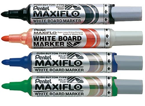 Image of Pentel 6.0mm Bullet Tip Wallet 4 Maxiflo White Board Marker Liquid Ink Marker - Black/Red/Blue/Green, YMWL5M-6