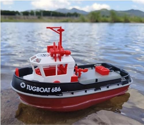 Image of ARRIS Mini RC Boat, 1:72 Scale RC Tugboat with 2.4 GHz Remote, 2 Rechargeable Batteries & LED Lights for Pools Lakes, RTR RC Boats for Adults Summer Gifts Toys (Black)