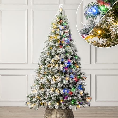 Image of Christow Pre-Lit Flocked Christmas Tree 6ft, Dual-Coloured LED Lights (Switch from Warm White to Multi-Coloured), Chamonix Spruce, Snowy PVC Tips, 11 Modes – Colour Changing, Timer, 101cm Diameter