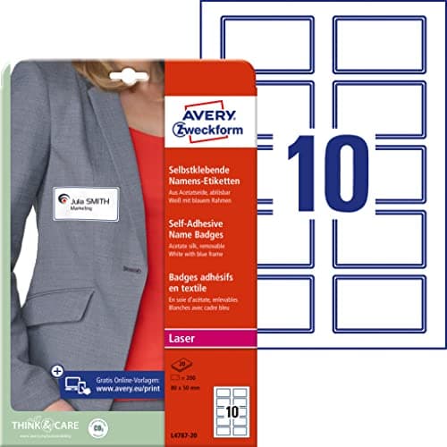 Image of Avery Zweckform L4787-20 Self-Adhesive Name Badges 20 Sheets / 200 Labels / 80 x 50 mm White/Blue