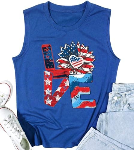 Image of Patriotic Tank Tops for Women Vintage Stars Stripes Graphic Print Memorial Day T Shirt, Love-deep Blue, M