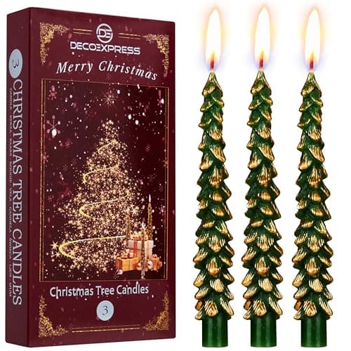 Image of Deco Express Christmas Tree Candles Set of 3 or 6, Dinner Candles 7 Hr Burn, Table Centrepiece Festive Decor Xmas Holiday, Gift Set Home Decoration (Green/Gold, 3 Pcs)