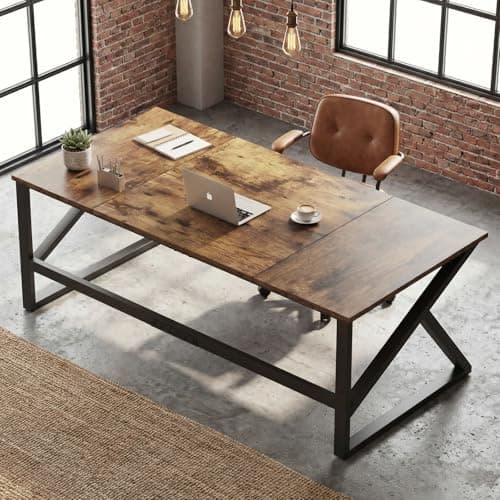 Image of IBF 180cm Rustic Brown Desk, Industrial Large Metal Wood Double Computer Desk, Long Home Office Desks Table for 2 People Executive Work Writing Study Gaming, Farmhouse Big Two Person Desk in Bedroom