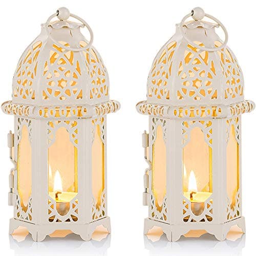 Image of NUPTIO Ramadan Lantern Decorations for Home: Metal Glass Moroccan Tealight Candle Holder Eid 2 Pcs Fanoos Ramadan Wedding Table Decoration Hanging Patio Indoors Outdoors, White
