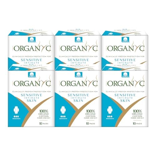 Image of Organyc - 100% Certified Organic Cotton Feminine Pads - Sanitary Napkin with Wings for Women, Moderate Flow, Regular Absorbency, 60 Count (6 Pack of 10 Count)