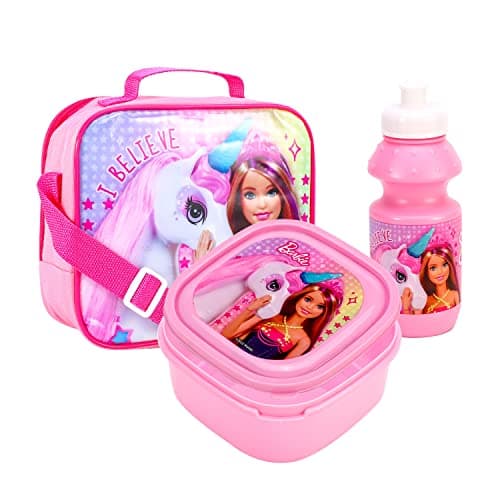Image of Barbie Magic Unicorn Girls Insulated 3 Piece Lunch Bag, Sandwich Box & Bottle Set for School & Travel