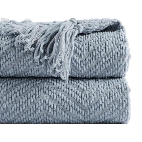Image of Battilo Herringbone Knitted Throw Blanket with Fringes, Super Soft Warm Cozy Blue Large Throws for Sofa Bed Chair Gift, Texture Decorative Boho Blanket for All Season, 150x200cm
