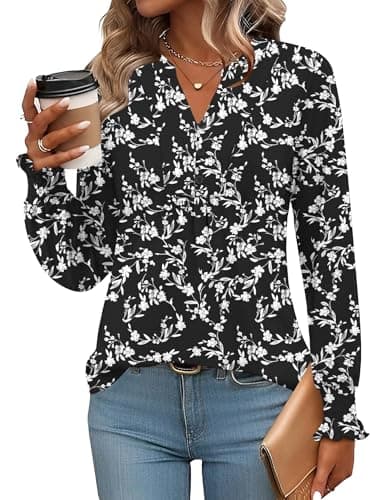Image of Rapbin Womens Tops Long Sleeve T Shirts V Neck Elegant Floaty Floral Printed Tunic Blouse with Smocked Cuffs Black White Flower-M(UK 12-14)