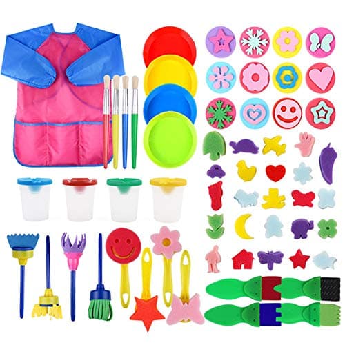 Image of FOVERN1 60 Pieces Sponge painting for Toddlers, Painting Brushes Kits for Kids, Foam Paint Brushes Set, Paint Cups with 1 PCS Waterproof Paint Apron