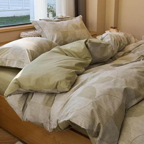 Image of LifeTB Sage Green Duvet Set - Boho Circle Stripe Aesthetic Cotton Comforter, Full Size, Includes 1 Duvet Cover and 2 Pillowcases