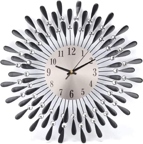 Image of Youyijia 38cm Diamond Jeweled Sunflower Wall Clock - Silent Non-ticking Modern Metal Numeral Decorative Clock for Living Room & Bedroom (Black)