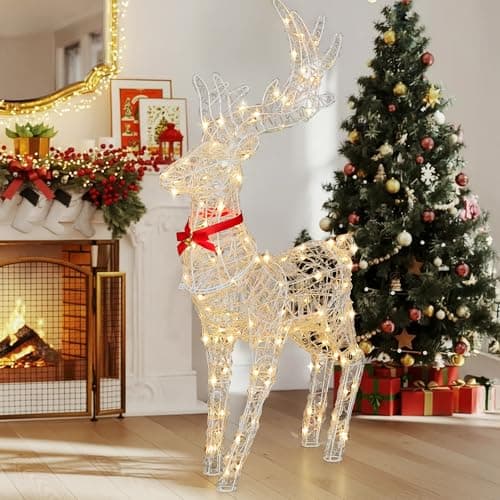 Image of YITAHOME Christmas Reindeer, Light Up Deer Decoration with 120 RGB LEDs & Remote, 89 Modes, Pre-Lit Standing Reindeer with Detachable Antlers & Neck Section for Home, Yard & Garden (62 x 19 x 118 cm)