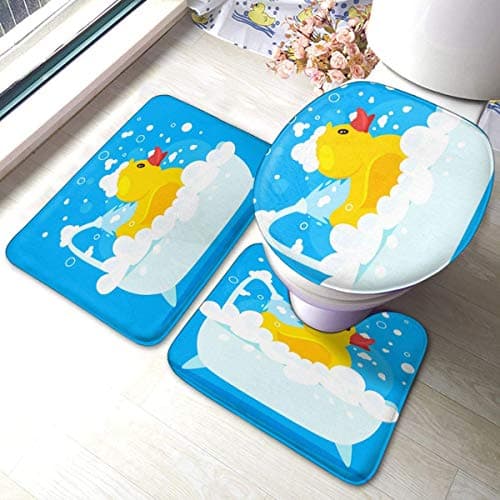 Image of JOOCAR 3-Piece Bathroom Rug Set, Non-Slip Pedestal Rug + Lid Toilet Cover + Bath Mat, Rubber Duck Design, Medium Size, Microfibre, Water Resistant, Modern Style
