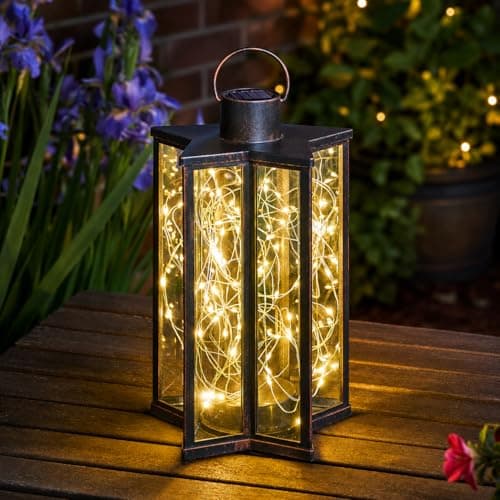 Image of Festive Lights - 28cm Solar Bronze Firefly Star Lantern with 60 Warm White LEDs - Decorative Outdoor Hanging or Freestanding Light, IP44 Weather-Resistant - Stylish Garden Feature for Home & Events