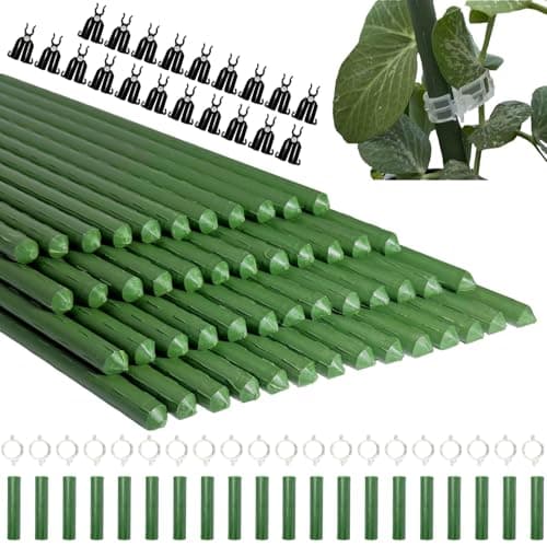 Image of 60cm x 11mm Garden Support Stakes 50PCS,Green Plant Sticks for Plants,Plastic Coated Steel Canes with 20PCS Connectors 20PCS Support Clips And 20 PCS A-Shaped Connectors for Vegetable Flowers And Pea