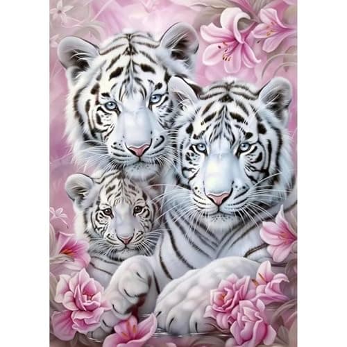 Image of QENSPE Diamond Art Kits for Adults, DIY Diamond Painting White Tiger Family, Round Full Drill, 5D Colourful Diamonds Dots Mosaic Painting, Crystal Gem Arts Craft for Home Wall Decor 30x40cm